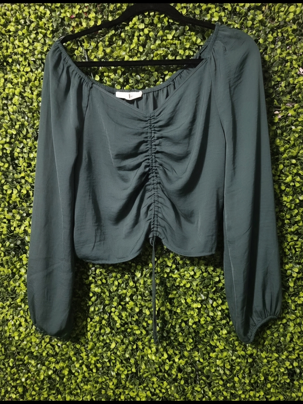 Dark Green Off-The-Shoulder Ruched Crop Top Blouse Size Medium By Pink Rose